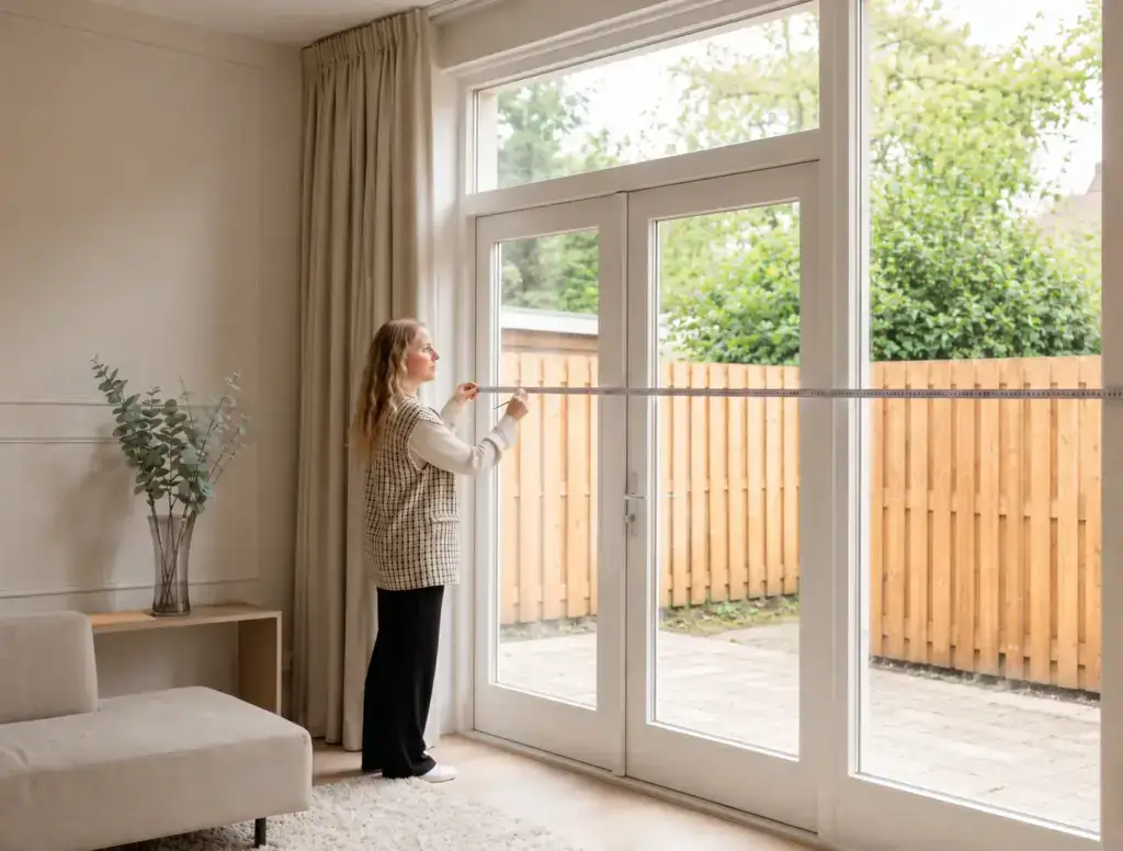 Vrouw meet een brede glazen pui op met een meetlint voor het plaatsen van een gordijnrail of roede