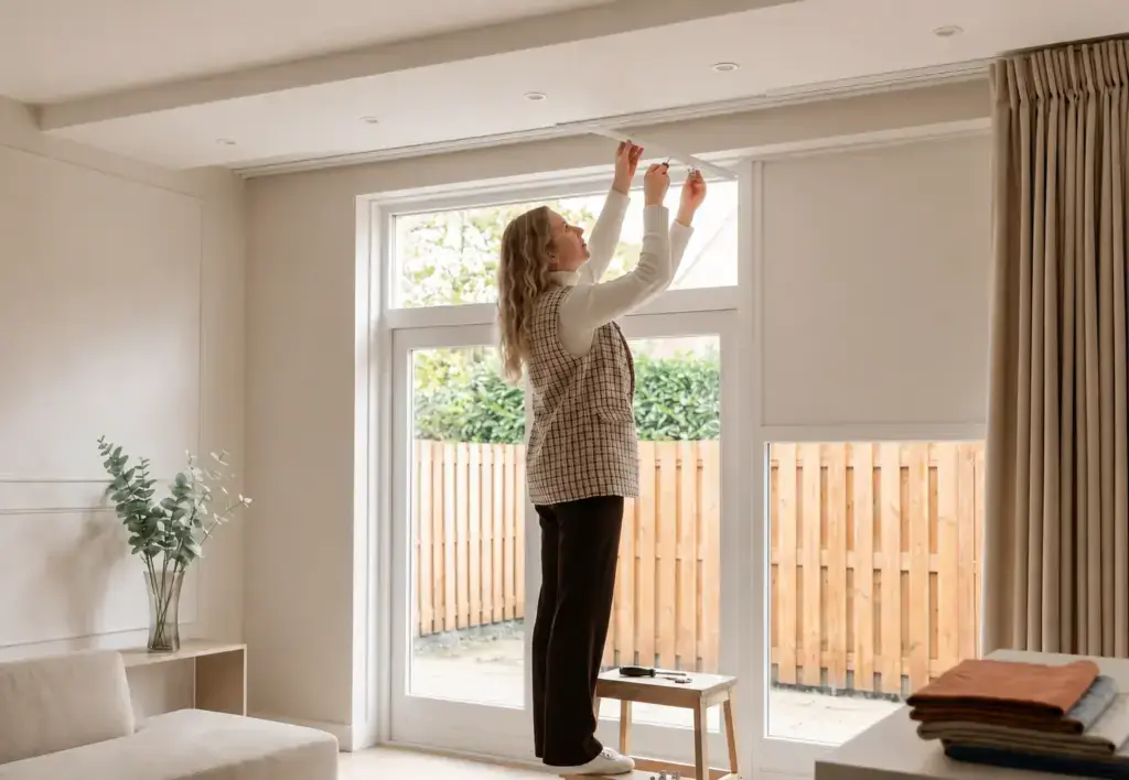 Vrouw monteert een witte gordijnrail aan het plafond voor grote ramen in een lichte, moderne woonkamer
