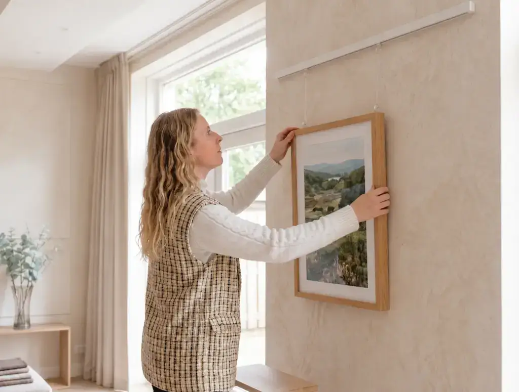 Vrouw hangt een ingelijst schilderij op aan een witte wandrail in een lichte, neutraal ingerichte woonkamer